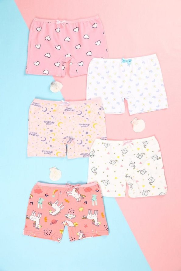 Madaliina Girls' 95% Cotton Mixed Pattern 5-Piece Boxer Set