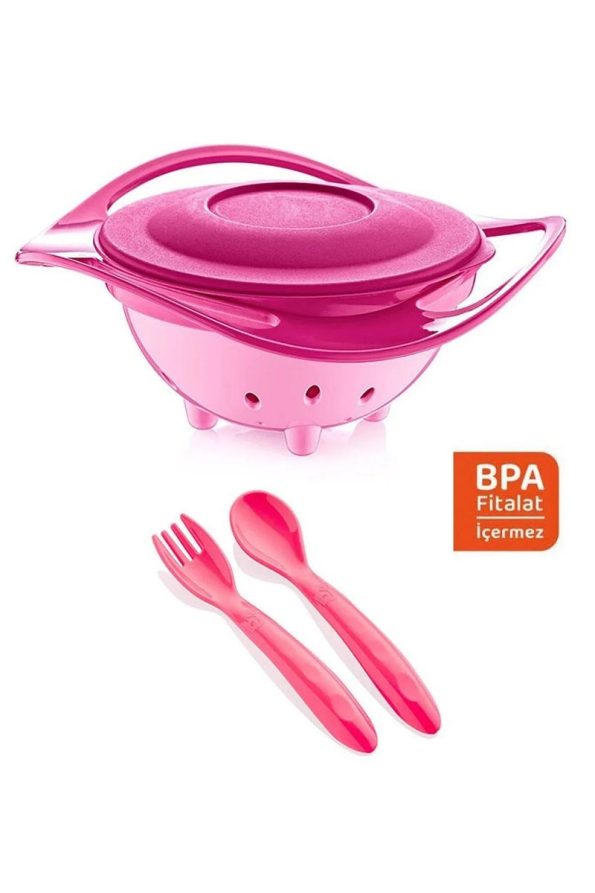 Babyjem Spill-Proof Pink Plate with Spoon and Fork Set