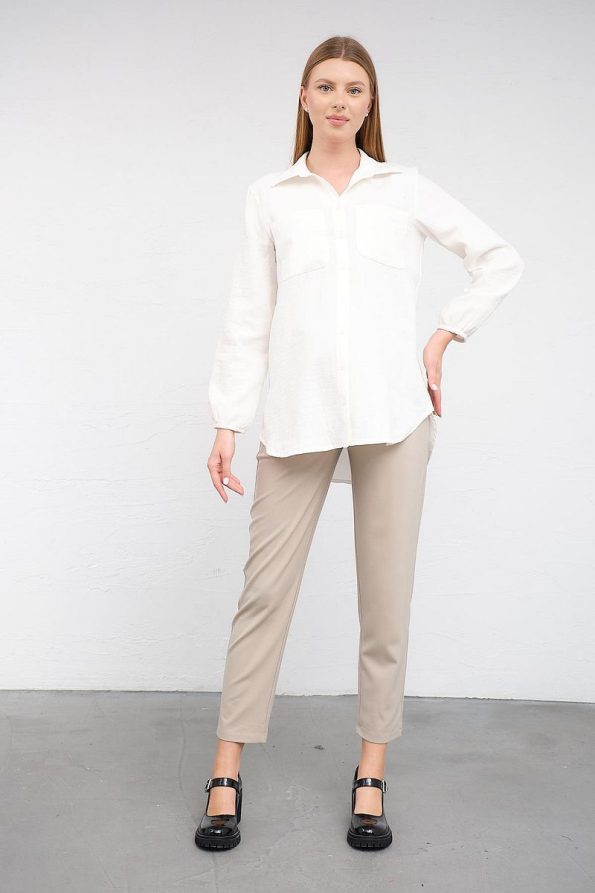 BUSA Maternity Elastic Cuffed Front Pocket Linen Shirt White