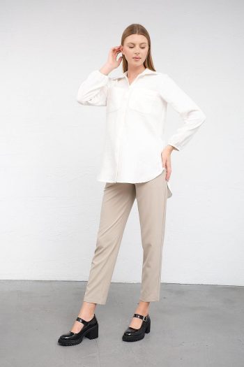 BUSA Maternity Elastic Cuffed Front Pocket Linen Shirt White