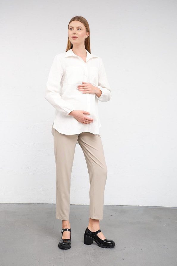 BUSA Maternity Elastic Cuffed Front Pocket Linen Shirt White