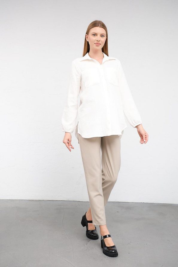 BUSA Maternity Elastic Cuffed Front Pocket Linen Shirt White
