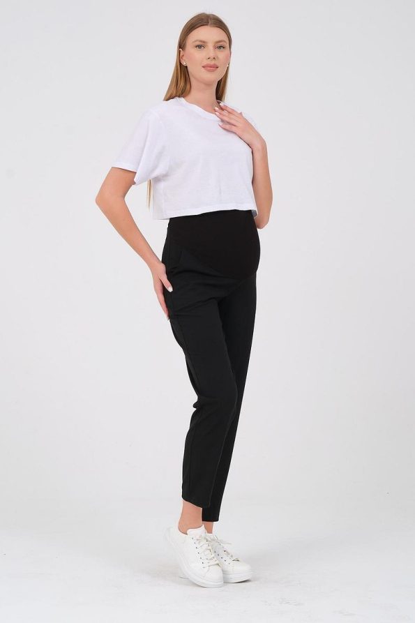BUSA Maternity Stretch Belly Band Adjustable Waist Mom Fit Classic Gabardine Pants Black