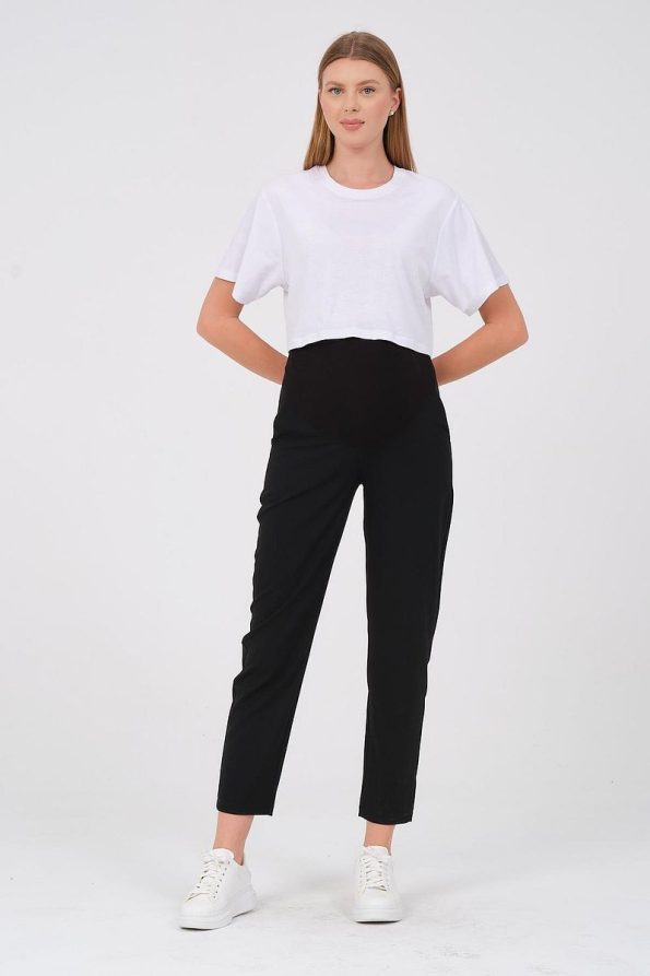 BUSA Maternity Stretch Belly Band Adjustable Waist Mom Fit Classic Gabardine Pants Black