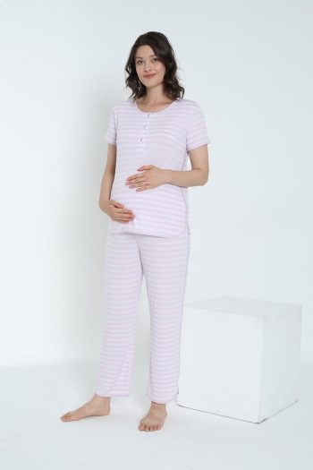 Miss Dünya Lissa Striped Nursing-Friendly Short Sleeve Maternity Pajama Set