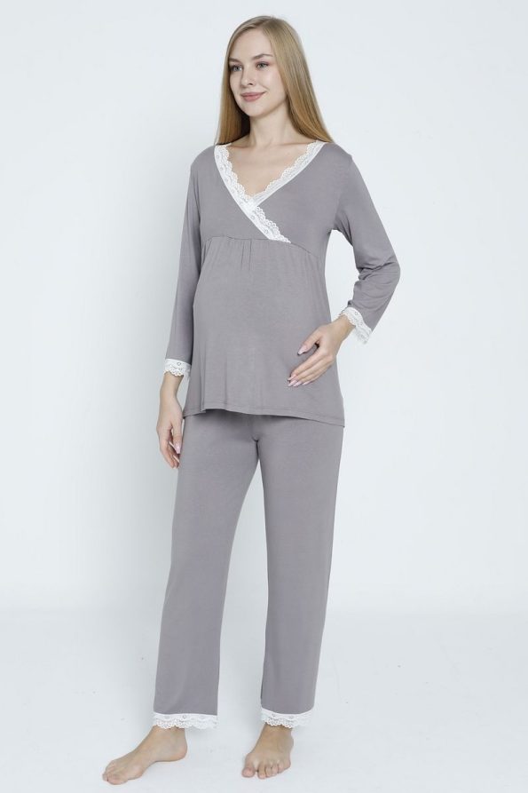 Miss Dünya Lissa Grey Nursing-Friendly Maternity Pajama Set
