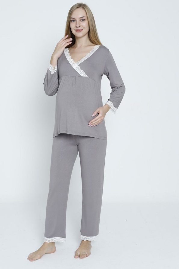 Miss Dünya Lissa Grey Nursing-Friendly Maternity Pajama Set