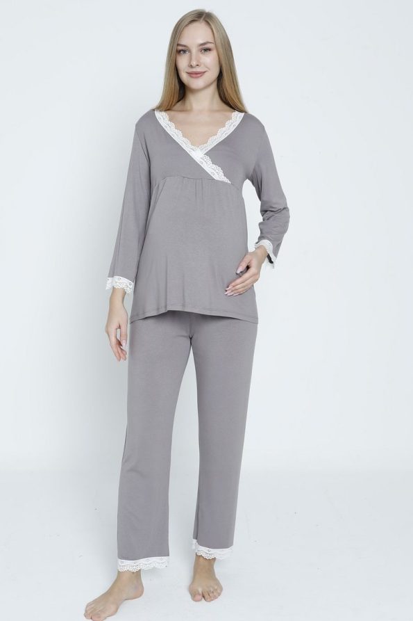 Miss Dünya Lissa Grey Nursing-Friendly Maternity Pajama Set