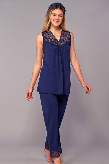 Stylish Lace Maternity Pajama Set in Navy