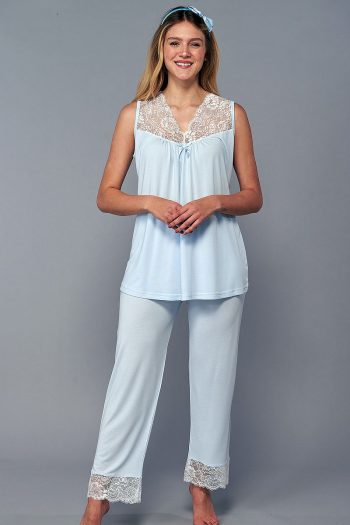 Stylish Lace Maternity Pajama Set in Blue