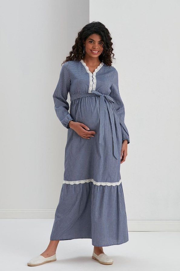 Ishsil M057 Mini Square Lace Cotton Maternity Maxi Dress