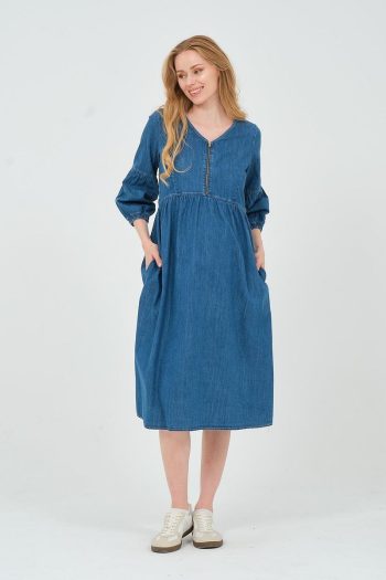 BUSA Maternity Zip Neck Midi Denim Dress Blue