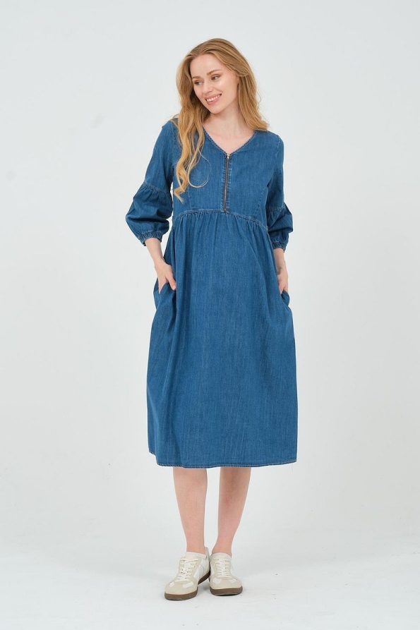 BUSA Maternity Zip Neck Midi Denim Dress Blue