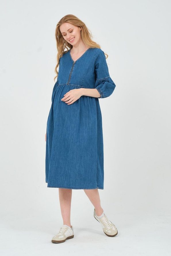 BUSA Maternity Zip Neck Midi Denim Dress Blue