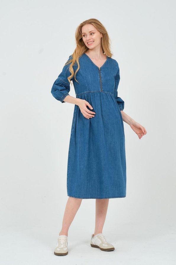 BUSA Maternity Zip Neck Midi Denim Dress Blue