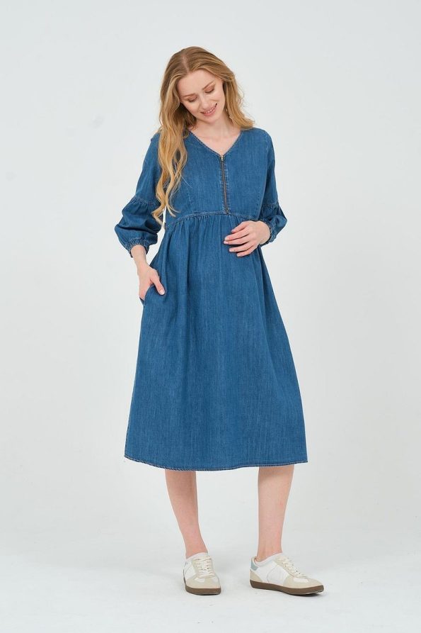 BUSA Maternity Zip Neck Midi Denim Dress Blue