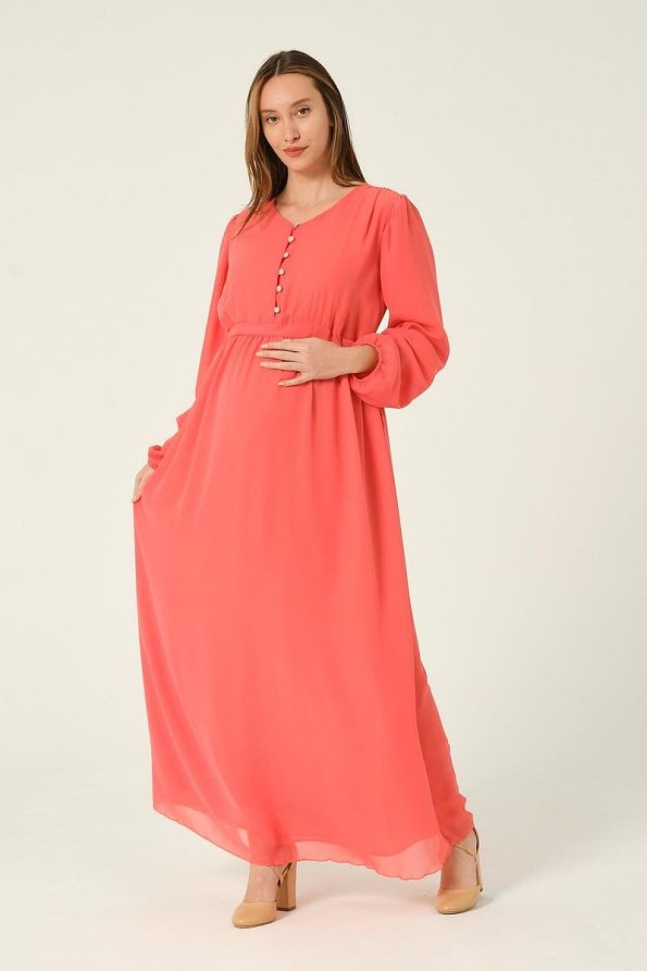 BUSA Maternity Chiffon Maxi Dress with Ties in Pomegranate Pink