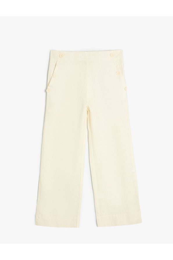 Cotton Linen Wide Leg Pants with Button Detail and Pockets