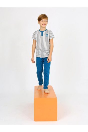 vitmo Boys' Short Sleeve 100% Cotton Button Detail Sailboat Pajama Set