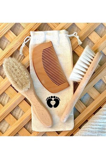 Mogokids Natural Goat Hair Baby Brush and Wooden Comb Set