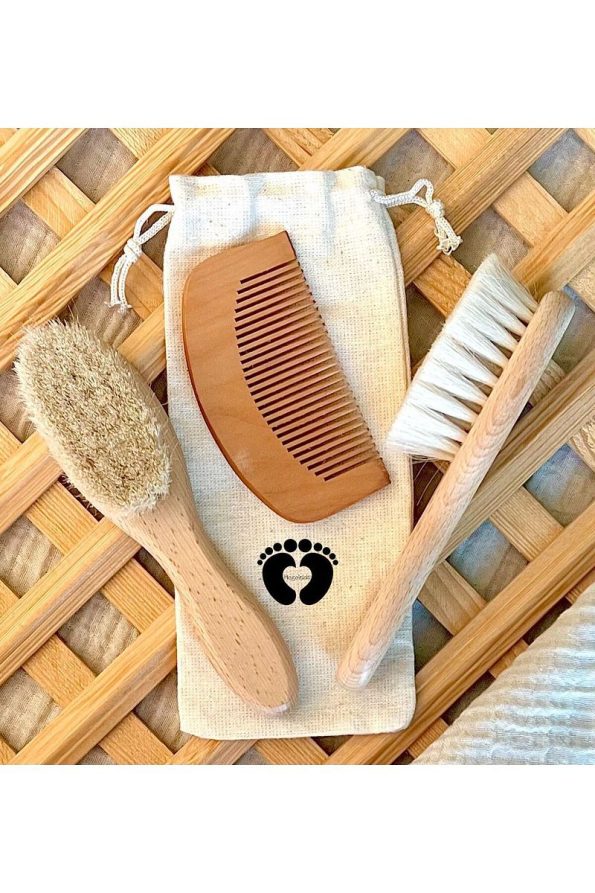 Mogokids Natural Goat Hair Baby Brush and Wooden Comb Set