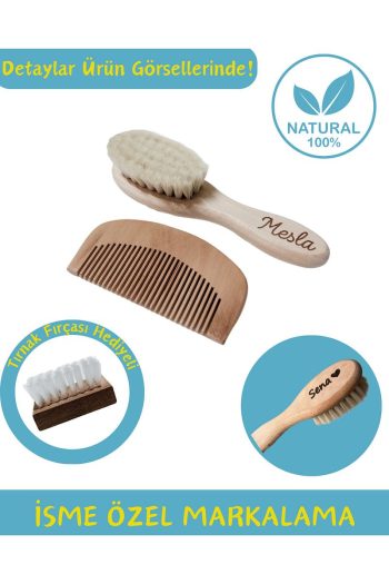 Mesla Organic Personalized Natural Goat Hair Soft Baby Comb and Wooden Comb Set - Midi Size