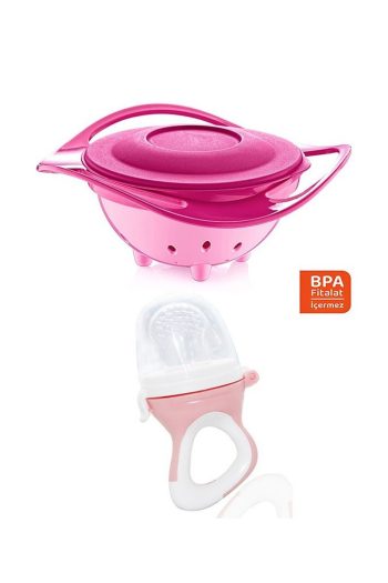 Babyjem Feeding Set - Spill-Proof Plate in Pink & Silicone Fruit and Vegetable Teether in Pink
