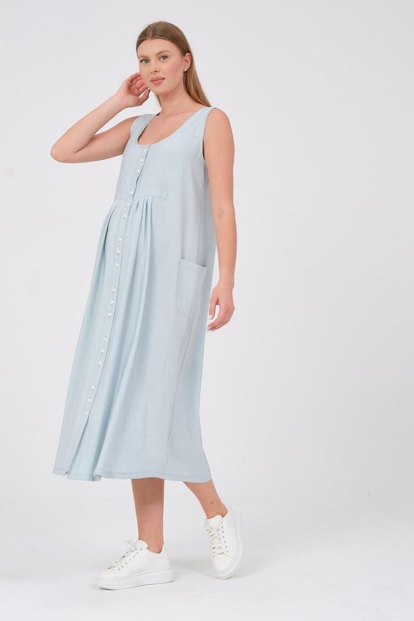 BUSA Maternity Sleeveless Front Button Midi Dress with Side Pockets in Mint Green