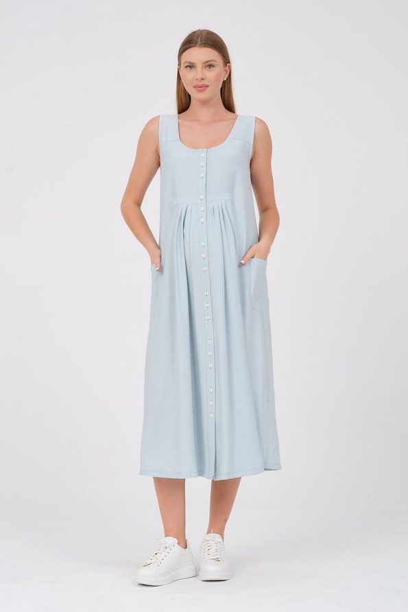 BUSA Maternity Sleeveless Front Button Midi Dress with Side Pockets in Mint Green