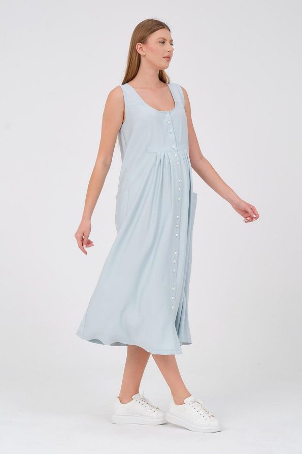 BUSA Maternity Sleeveless Front Button Midi Dress with Side Pockets in Mint Green
