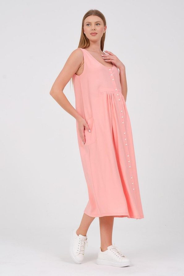 BUSA Maternity Sleeveless Button-Down Midi Dress with Side Pockets in Salmon