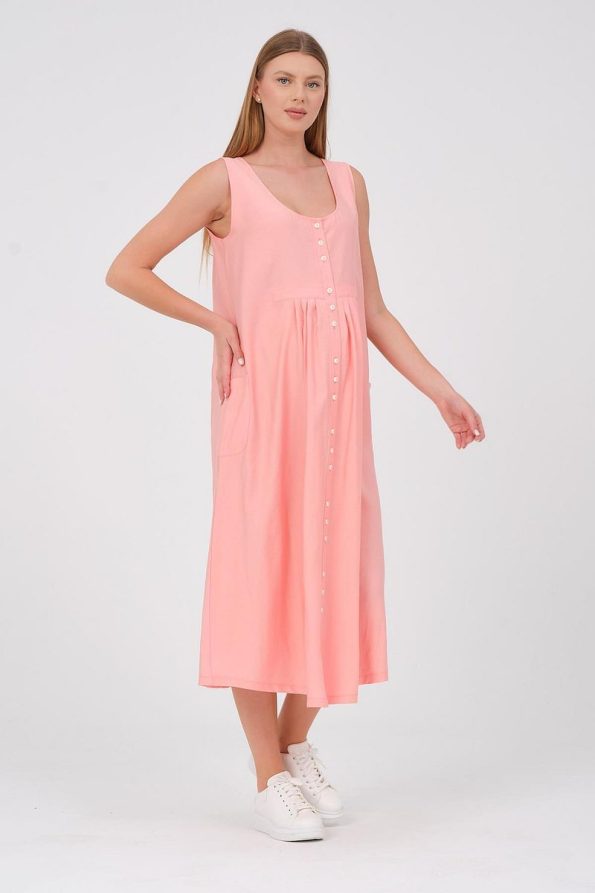 BUSA Maternity Sleeveless Button-Down Midi Dress with Side Pockets in Salmon