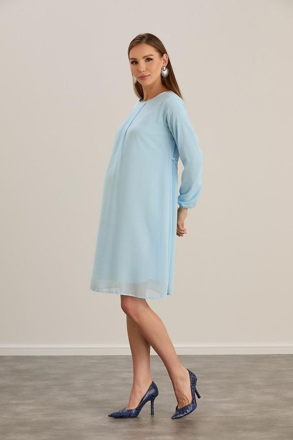 Ishıl Pleated Neck Maternity Chiffon Tunic Dress