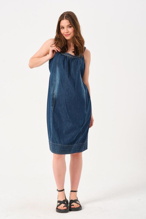 BUSA Maternity Knitted Collar Sleeveless Denim Dress Blue