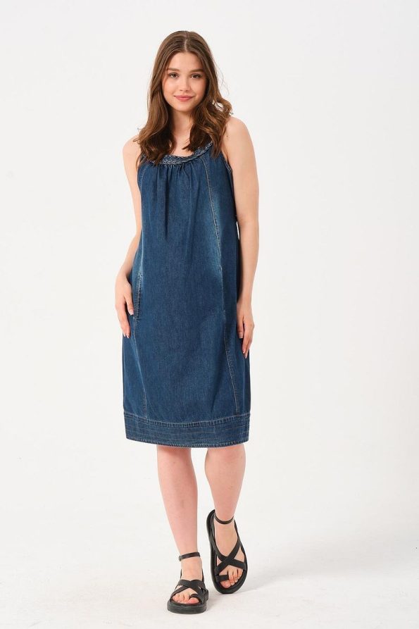 BUSA Maternity Knitted Collar Sleeveless Denim Dress Blue