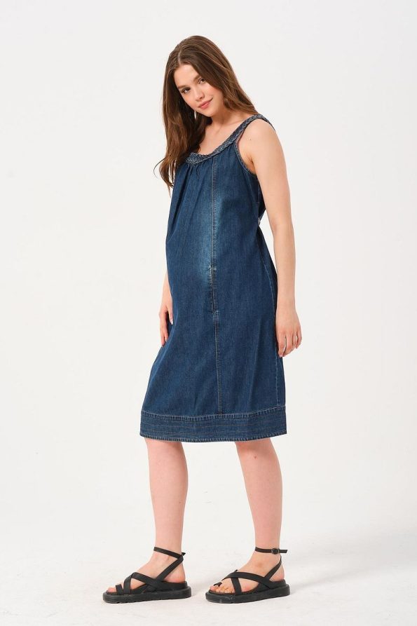 BUSA Maternity Knitted Collar Sleeveless Denim Dress Blue