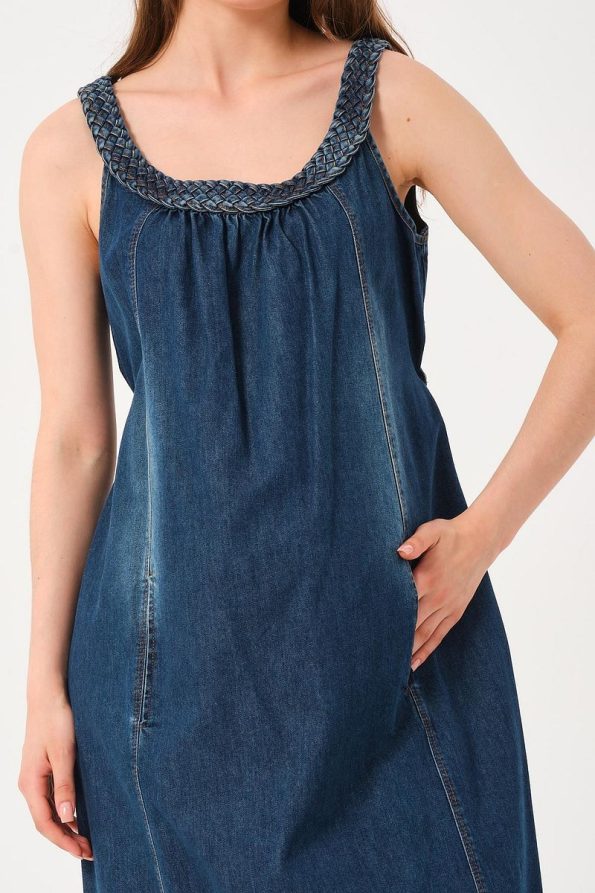 BUSA Maternity Knitted Collar Sleeveless Denim Dress Blue