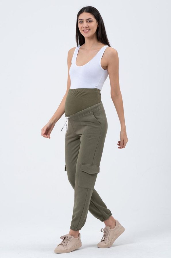 BUSA Maternity Three-Piece Cargo Sweatpants in Khaki