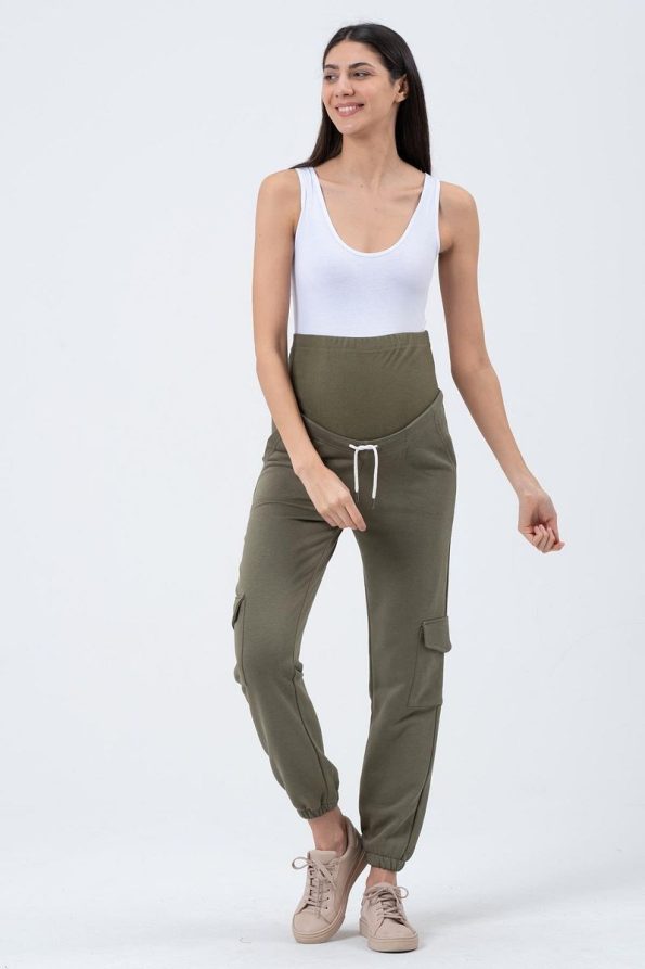 BUSA Maternity Three-Piece Cargo Sweatpants in Khaki