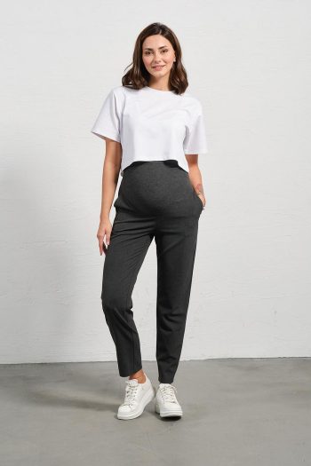 BUSA Maternity Stretch Waistband Adjustable Mom Fit Classic Gabardine Pants Charcoal