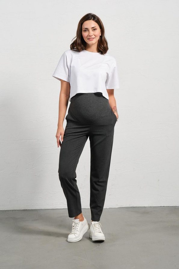 BUSA Maternity Stretch Waistband Adjustable Mom Fit Classic Gabardine Pants Charcoal