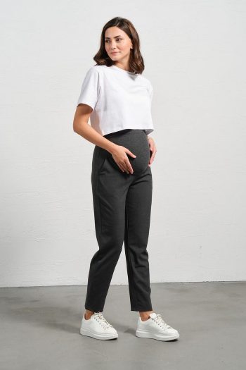 BUSA Maternity Stretch Waistband Adjustable Mom Fit Classic Gabardine Pants Charcoal