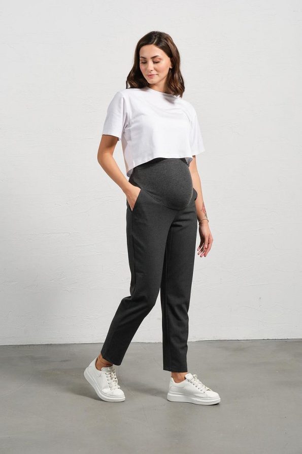 BUSA Maternity Stretch Waistband Adjustable Mom Fit Classic Gabardine Pants Charcoal