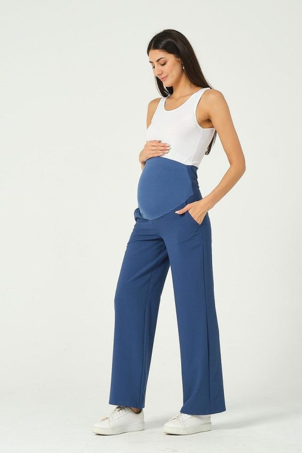BUSA Maternity Stretch Waistband Adjustable Wide Leg Gabardine Pants Blue