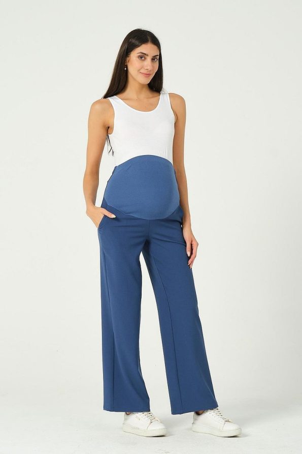 BUSA Maternity Stretch Waistband Adjustable Wide Leg Gabardine Pants Blue