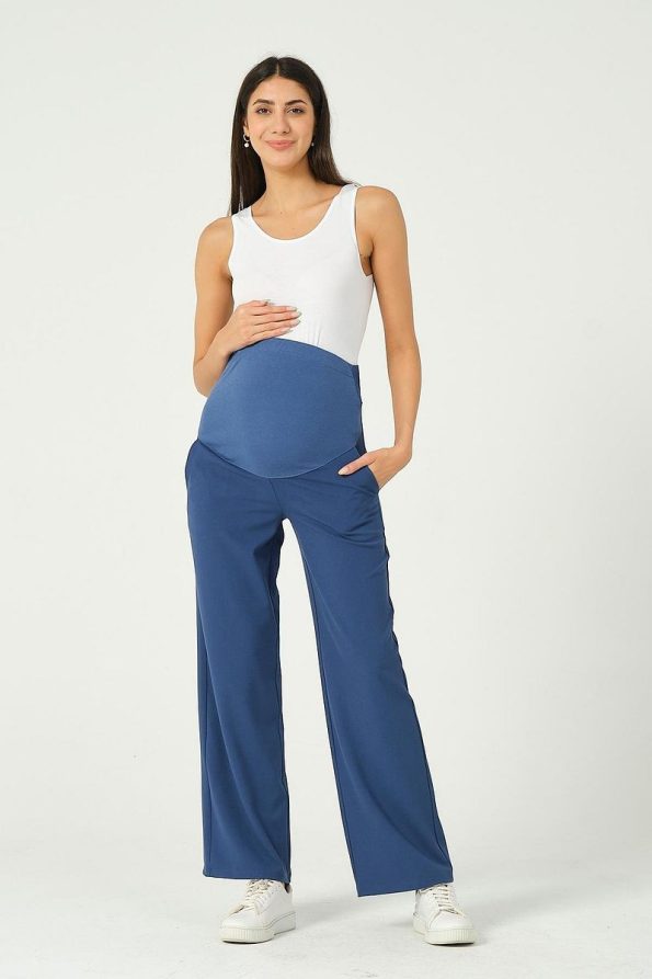 BUSA Maternity Stretch Waistband Adjustable Wide Leg Gabardine Pants Blue