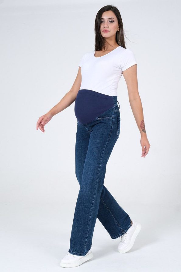 BUSA Maternity Stretch Band High Waist Wide Leg Denim Pants Blue