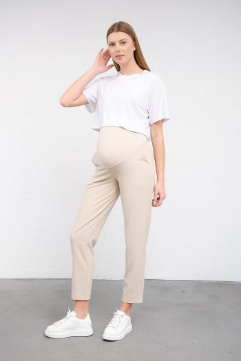 BUSA Maternity Stretch Waistband Adjustable Mom Fit Classic Gabardine Trousers Beige