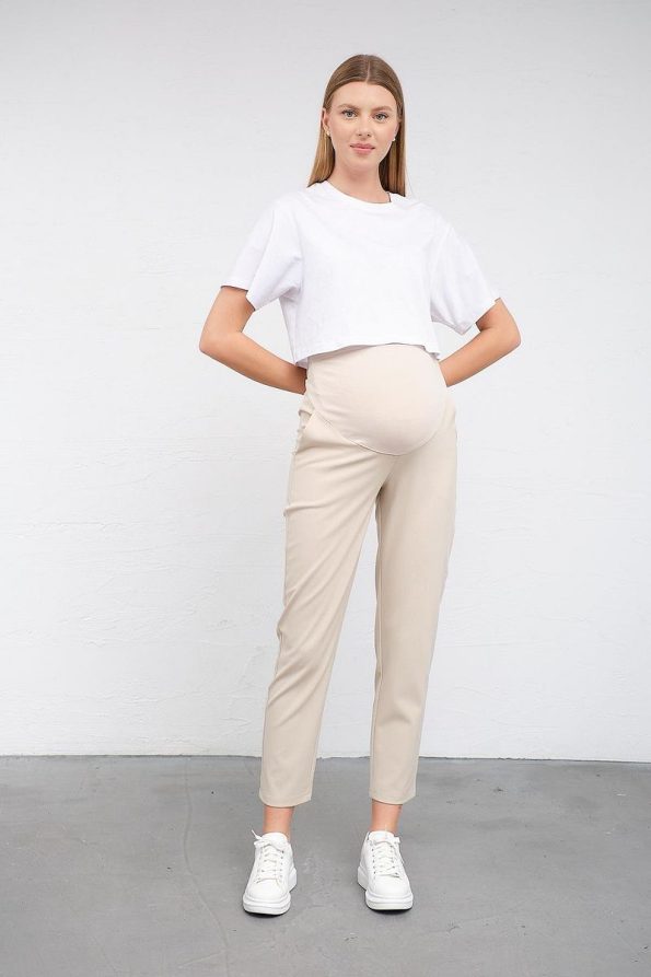 BUSA Maternity Stretch Waistband Adjustable Mom Fit Classic Gabardine Trousers Beige