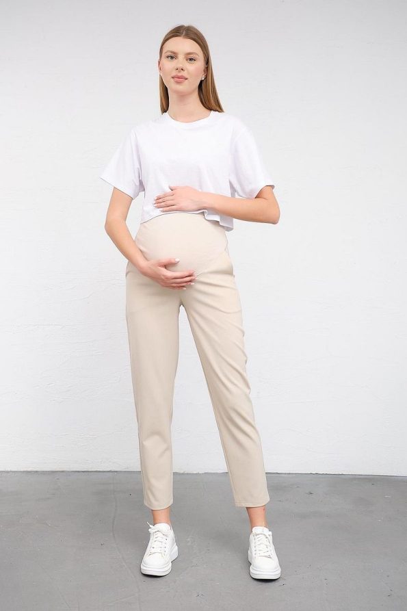 BUSA Maternity Stretch Waistband Adjustable Mom Fit Classic Gabardine Trousers Beige